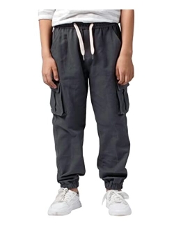 TLAENSON Boys Twill Cargo Pants Kids Drawstring Elastic Waist School Uniform Youth Joggers