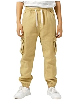 TLAENSON Boys Twill Cargo Pants Kids Drawstring Elastic Waist School Uniform Youth Joggers