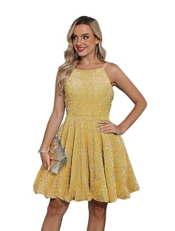 SMORBRID Spaghetti Straps Sparkly Sequin Homecoming Dresses for Teens Short Prom Cocktail Party Gowns with Pockets