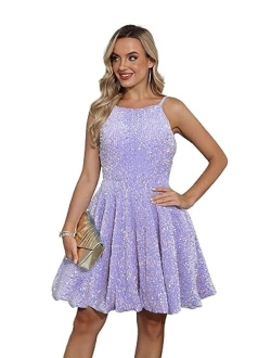 SMORBRID Spaghetti Straps Sparkly Sequin Homecoming Dresses for Teens Short Prom Cocktail Party Gowns with Pockets