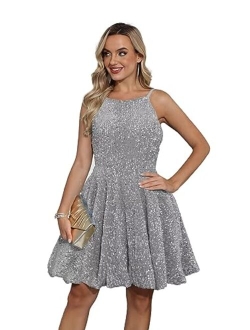 SMORBRID Spaghetti Straps Sparkly Sequin Homecoming Dresses for Teens Short Prom Cocktail Party Gowns with Pockets