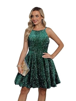 SMORBRID Spaghetti Straps Sparkly Sequin Homecoming Dresses for Teens Short Prom Cocktail Party Gowns with Pockets