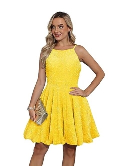 SMORBRID Spaghetti Straps Sparkly Sequin Homecoming Dresses for Teens Short Prom Cocktail Party Gowns with Pockets