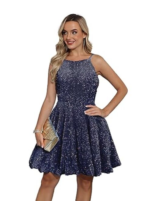 SMORBRID Spaghetti Straps Sparkly Sequin Homecoming Dresses for Teens Short Prom Cocktail Party Gowns with Pockets