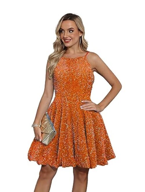 SMORBRID Spaghetti Straps Sparkly Sequin Homecoming Dresses for Teens Short Prom Cocktail Party Gowns with Pockets