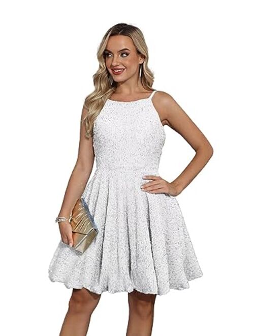 SMORBRID Spaghetti Straps Sparkly Sequin Homecoming Dresses for Teens Short Prom Cocktail Party Gowns with Pockets