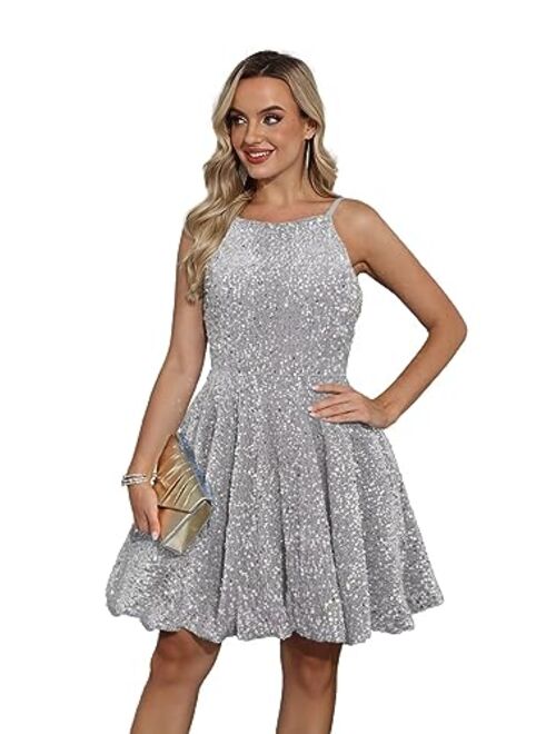 SMORBRID Spaghetti Straps Sparkly Sequin Homecoming Dresses for Teens Short Prom Cocktail Party Gowns with Pockets