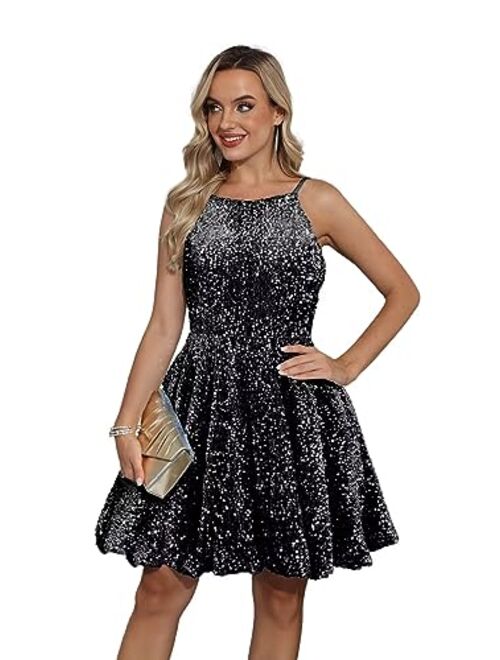 SMORBRID Spaghetti Straps Sparkly Sequin Homecoming Dresses for Teens Short Prom Cocktail Party Gowns with Pockets