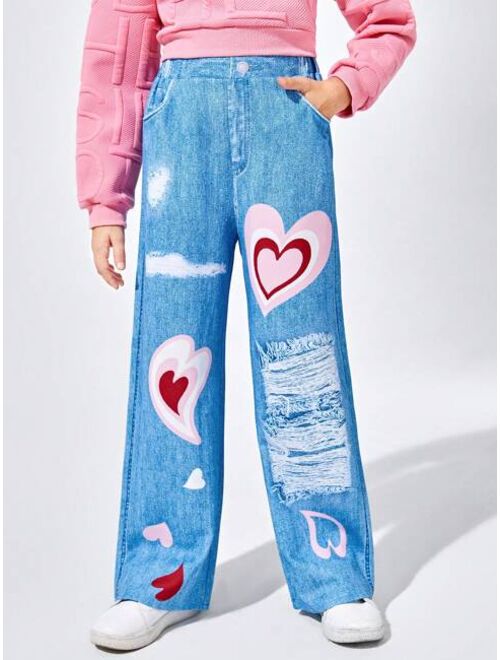 Shein Tween Girl Heart Print Ripped Wide Leg Pants