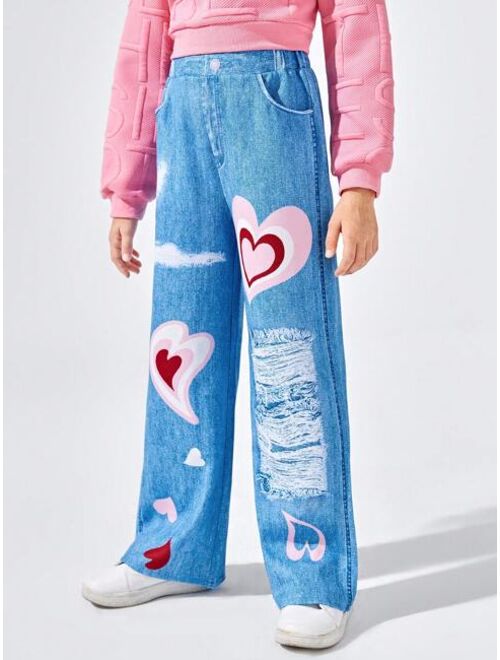 Shein Tween Girl Heart Print Ripped Wide Leg Pants