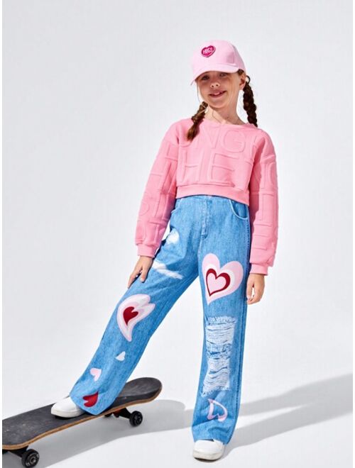 Shein Tween Girl Heart Print Ripped Wide Leg Pants