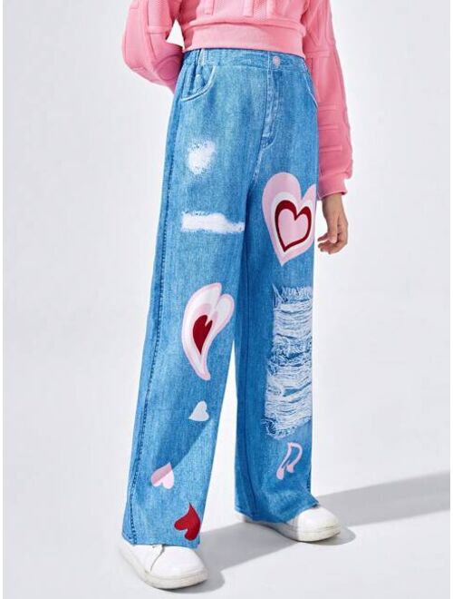 Shein Tween Girl Heart Print Ripped Wide Leg Pants