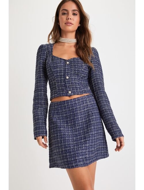 Lulus Executive Aesthetic Shiny Navy Blue Tweed Mini Skirt