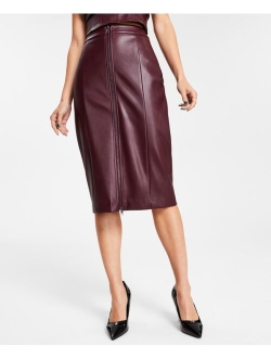 Women's Faux-Leather Zip-Front Midi Skirt, Created for Macy's