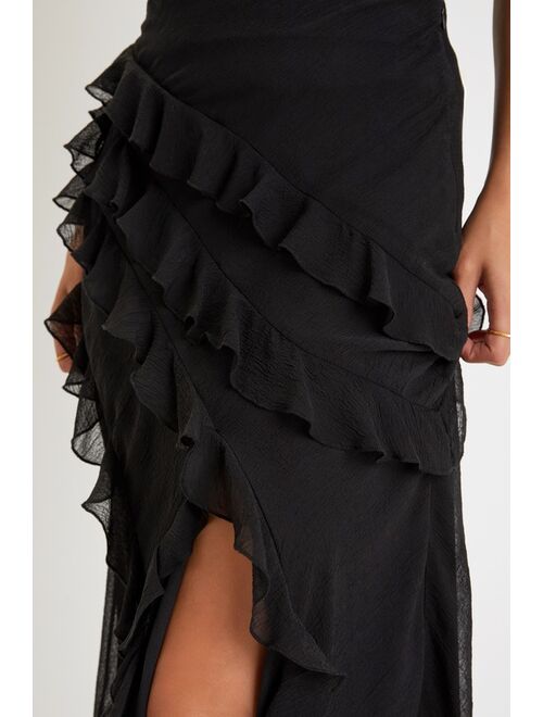 Lulus Stunning Scenario Black Chiffon Ruffled Asymmetrical Midi Skirt