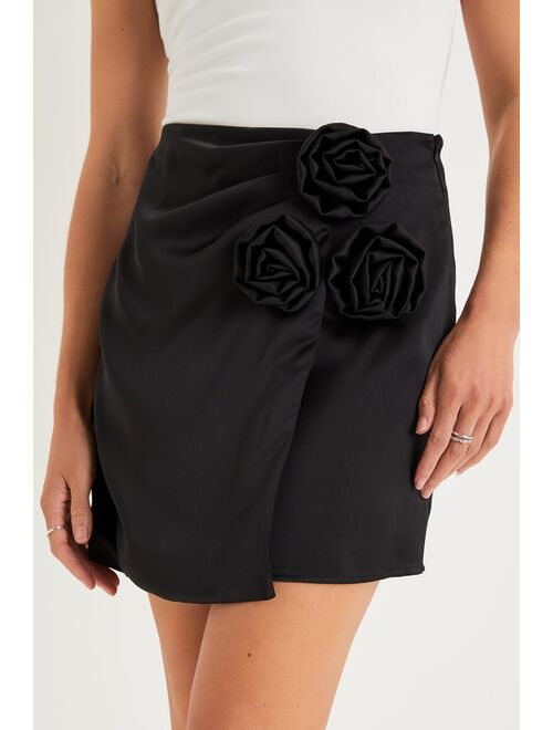 Lulus Rosy Company Black Satin Rosette Faux-Wrap Mini Skirt