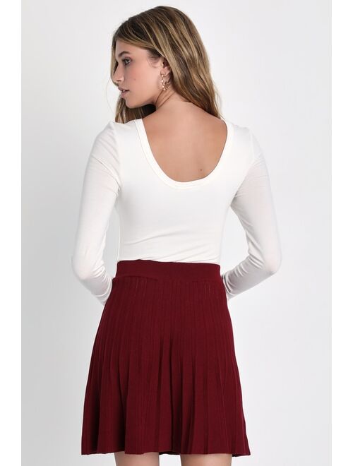 Lulus Chic Vision Burgundy Plisse Pleated Sweater Mini Skater Skirt