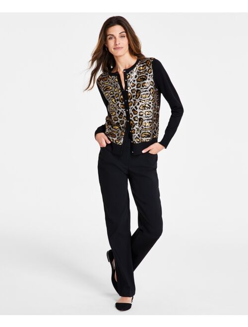 JM COLLECTION Women's Leopard Sequin Party Cardigan Sweater, Created for Macy's