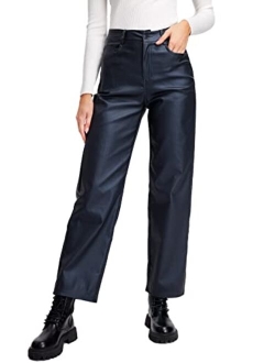 Women's High Waist Pockets Straight Leg Jeans Leather Look Pants