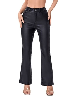 Women's High Waist Pockets Straight Leg Jeans Leather Look Pants