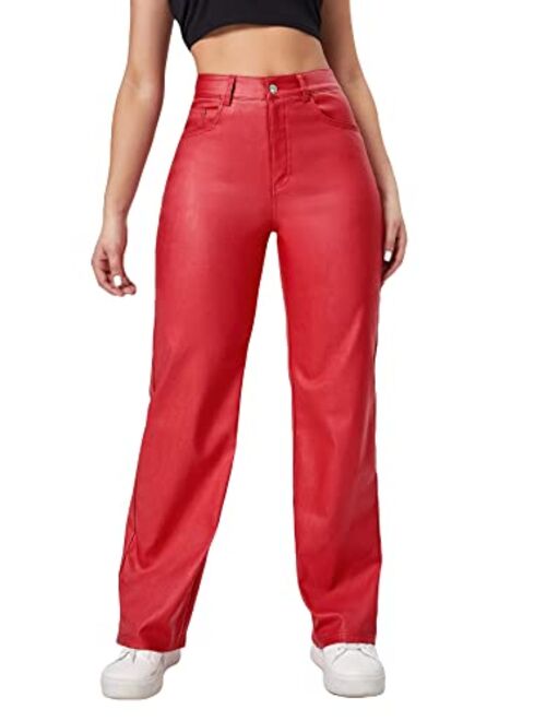 MakeMeChic Women's High Waist Pockets Straight Leg Jeans Leather Look Pants