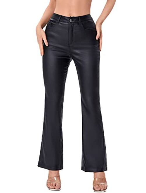 MakeMeChic Women's High Waist Pockets Straight Leg Jeans Leather Look Pants