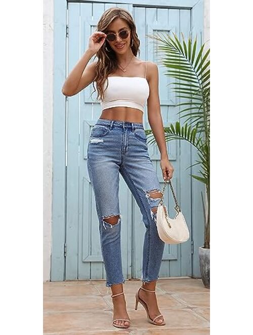 OFLUCK Women Ripped High Waisted Jeans Frayed Raw Hem Regular Fit Boyfriend Distressed Denim Pants with Hole