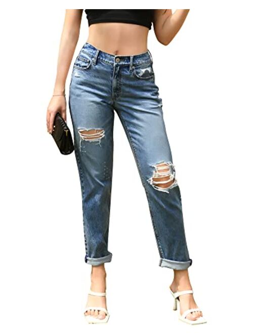 OFLUCK Women Ripped High Waisted Jeans Frayed Raw Hem Regular Fit Boyfriend Distressed Denim Pants with Hole