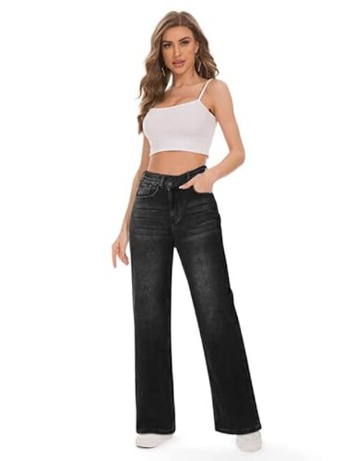 Genleck Women Crossover Wide Leg Jeans Stretch Baggy Jeans High Waisted Trendy Boyfriend Jeans Crisscross Y2K 90s Pants