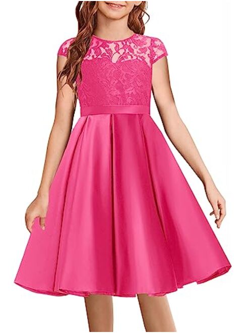 HOSIKA Elegant Flower Girls Dress Lace Satin A-Line Bridesmaid Princess Dresses for Wedding Birthday Party