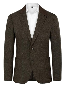 Mens Herringbone Blazer Vintage Tweed Wool Blend Sport Coat Jacket