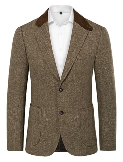 Mens Herringbone Blazer Vintage Tweed Wool Blend Sport Coat Jacket