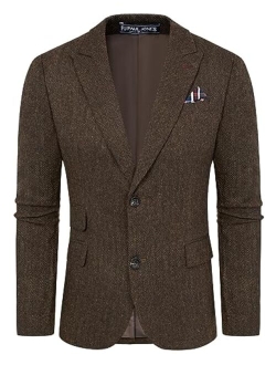 Men's Vintage Herringbone Tweed Blazers British Wool Blend Sport Coat Jacket