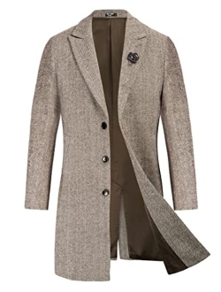 Men's Herringbone Wool Blend Long Overcoat Pea Coat with Brooch