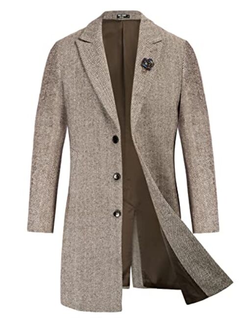 PJ PAUL JONES Men's Herringbone Wool Blend Long Overcoat Pea Coat with Brooch