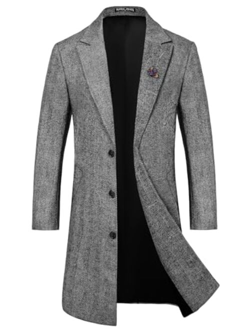 PJ PAUL JONES Men's Herringbone Wool Blend Long Overcoat Pea Coat with Brooch