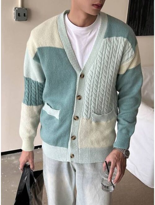 Manfinity EMRG Men Colorblock Drop Shoulder Cable Knit Cardigan