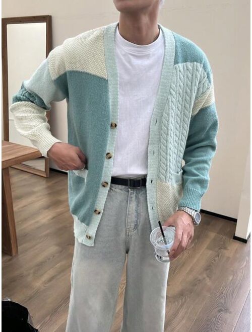 Manfinity EMRG Men Colorblock Drop Shoulder Cable Knit Cardigan