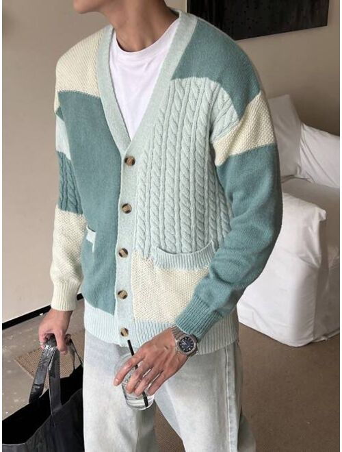 Manfinity EMRG Men Colorblock Drop Shoulder Cable Knit Cardigan