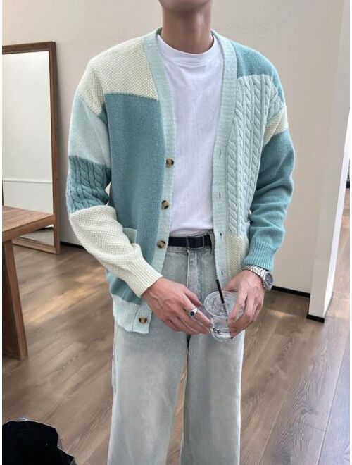 Manfinity EMRG Men Colorblock Drop Shoulder Cable Knit Cardigan