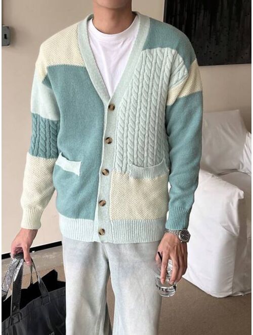 Manfinity EMRG Men Colorblock Drop Shoulder Cable Knit Cardigan