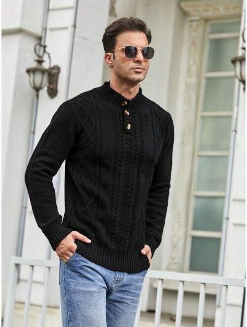 Manfinity Homme Men Argyle And Cable Knit Quarter Button Sweater