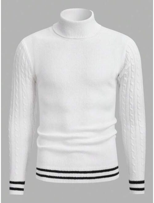 Manfinity Sporsity Men Striped Trim Turtleneck Cable Knit Contrast Trim Sweater