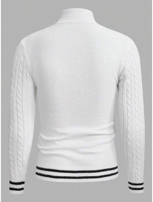 Manfinity Sporsity Men Striped Trim Turtleneck Cable Knit Contrast Trim Sweater