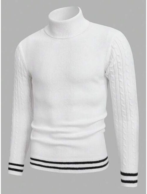 Manfinity Sporsity Men Striped Trim Turtleneck Cable Knit Contrast Trim Sweater