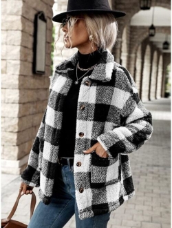 SHEIN LUNE Buffalo Plaid Pattern Dual Pocket Drop Shoulder Flannel Coat