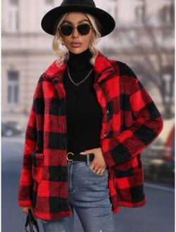 SHEIN LUNE Buffalo Plaid Pattern Dual Pocket Drop Shoulder Flannel Coat