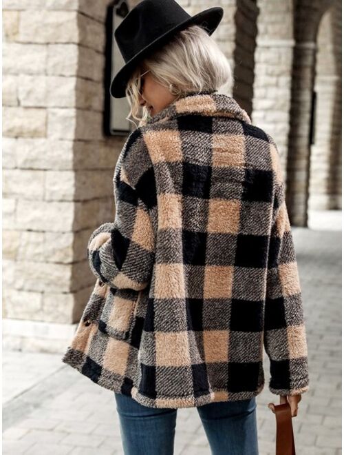 SHEIN LUNE Buffalo Plaid Pattern Dual Pocket Drop Shoulder Flannel Coat