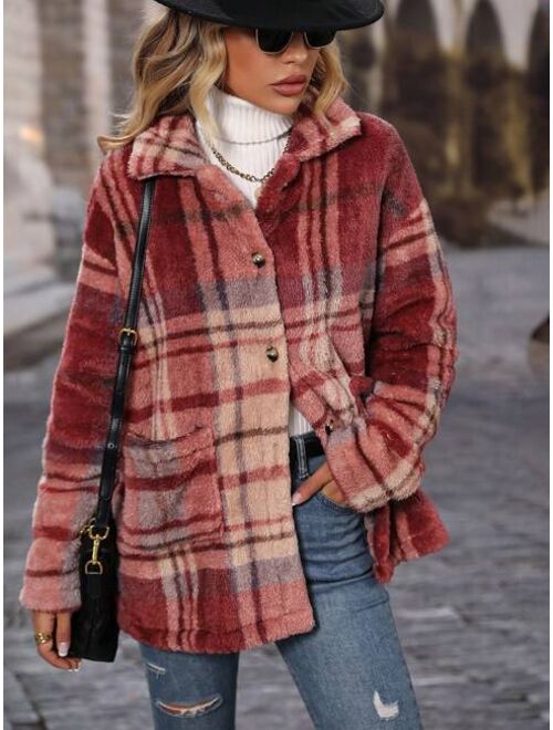 SHEIN LUNE Buffalo Plaid Pattern Dual Pocket Drop Shoulder Flannel Coat