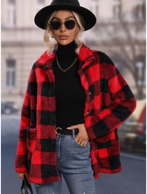 SHEIN LUNE Buffalo Plaid Pattern Dual Pocket Drop Shoulder Flannel Coat